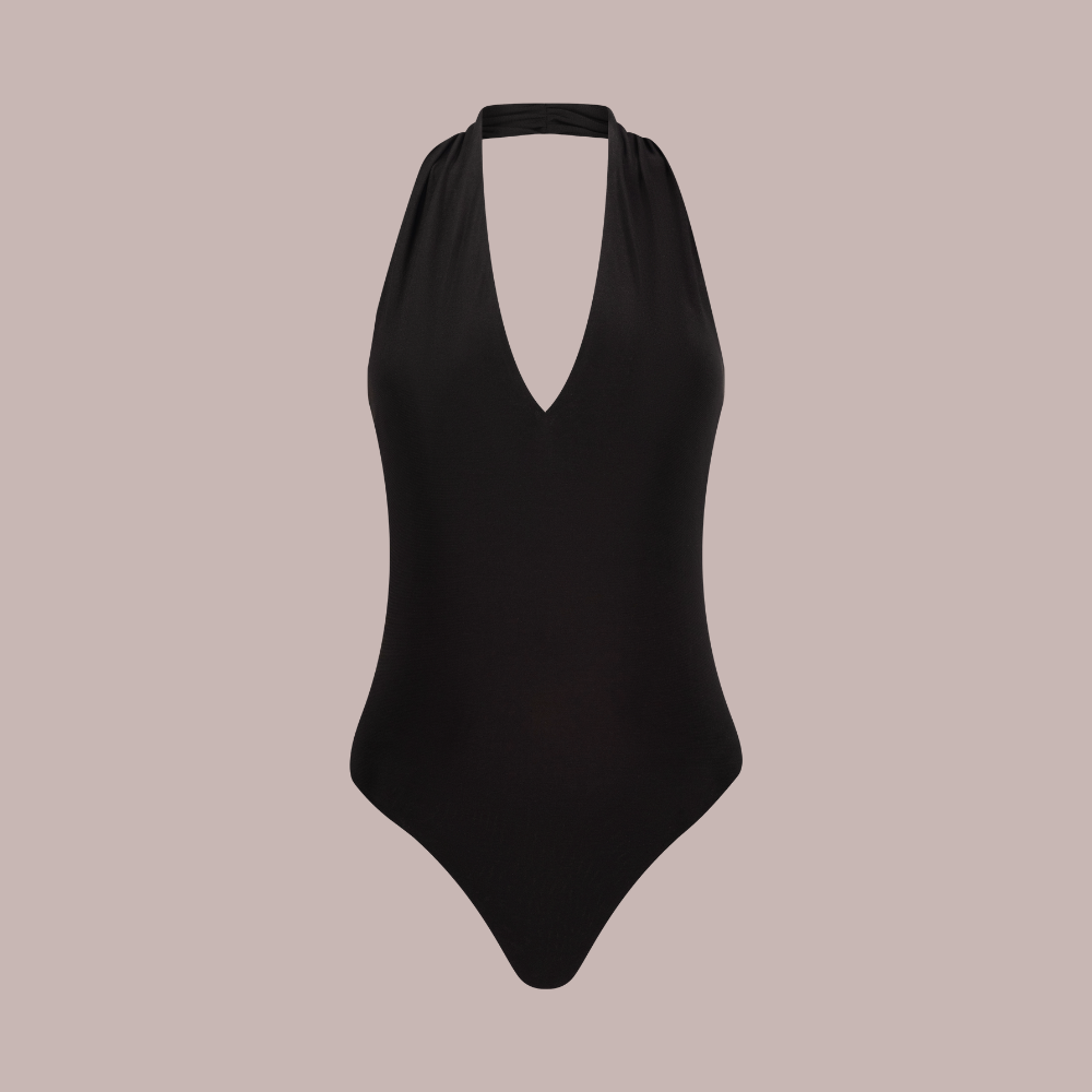 regina bodysuit plunge neck and backless, black