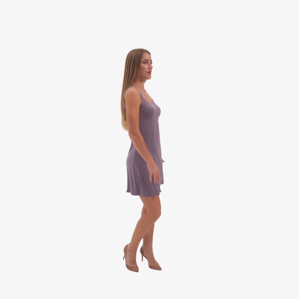 Carmen mini dress Woman wearing a purple dress on a white background