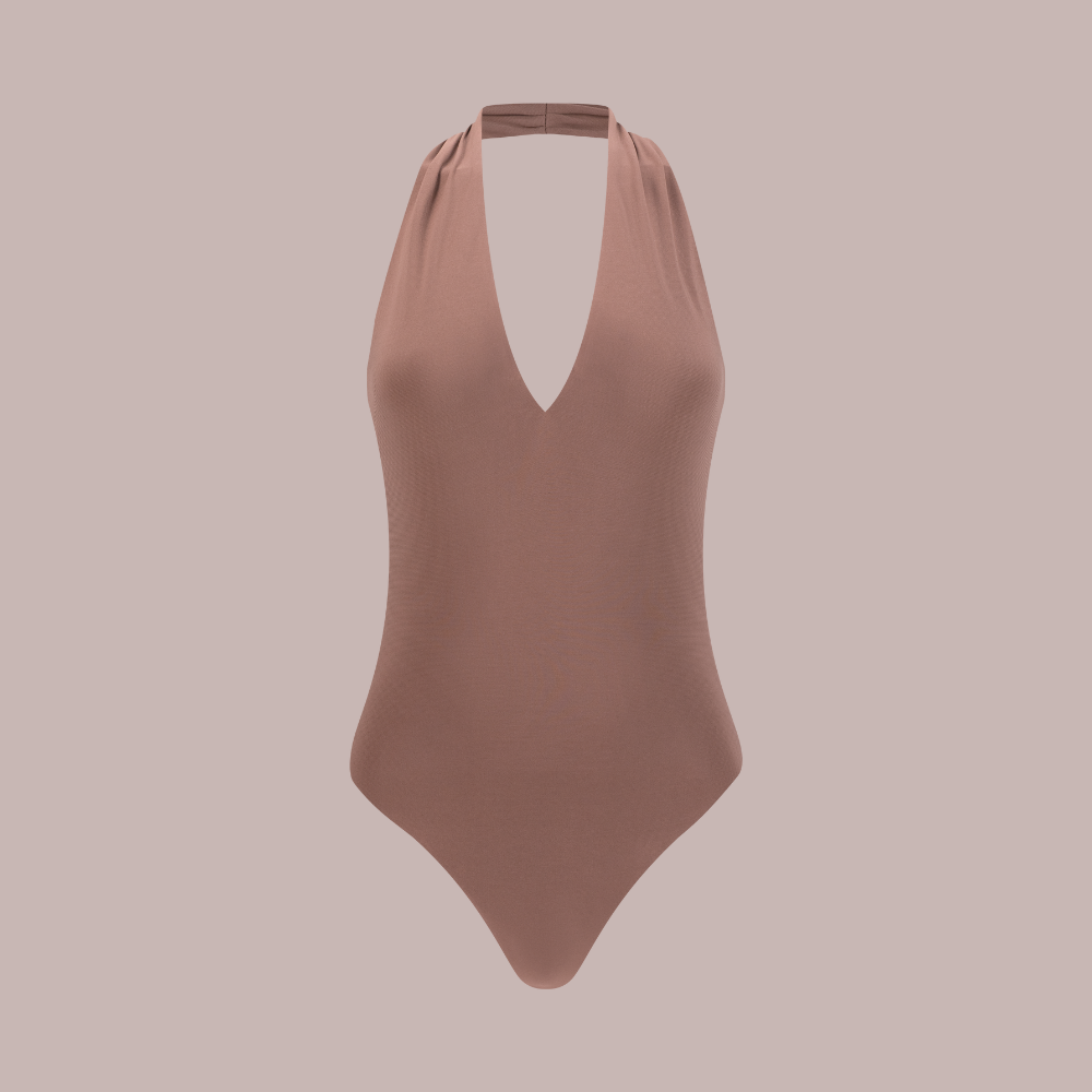 regina bodysuit plunge neck and backless, mocca