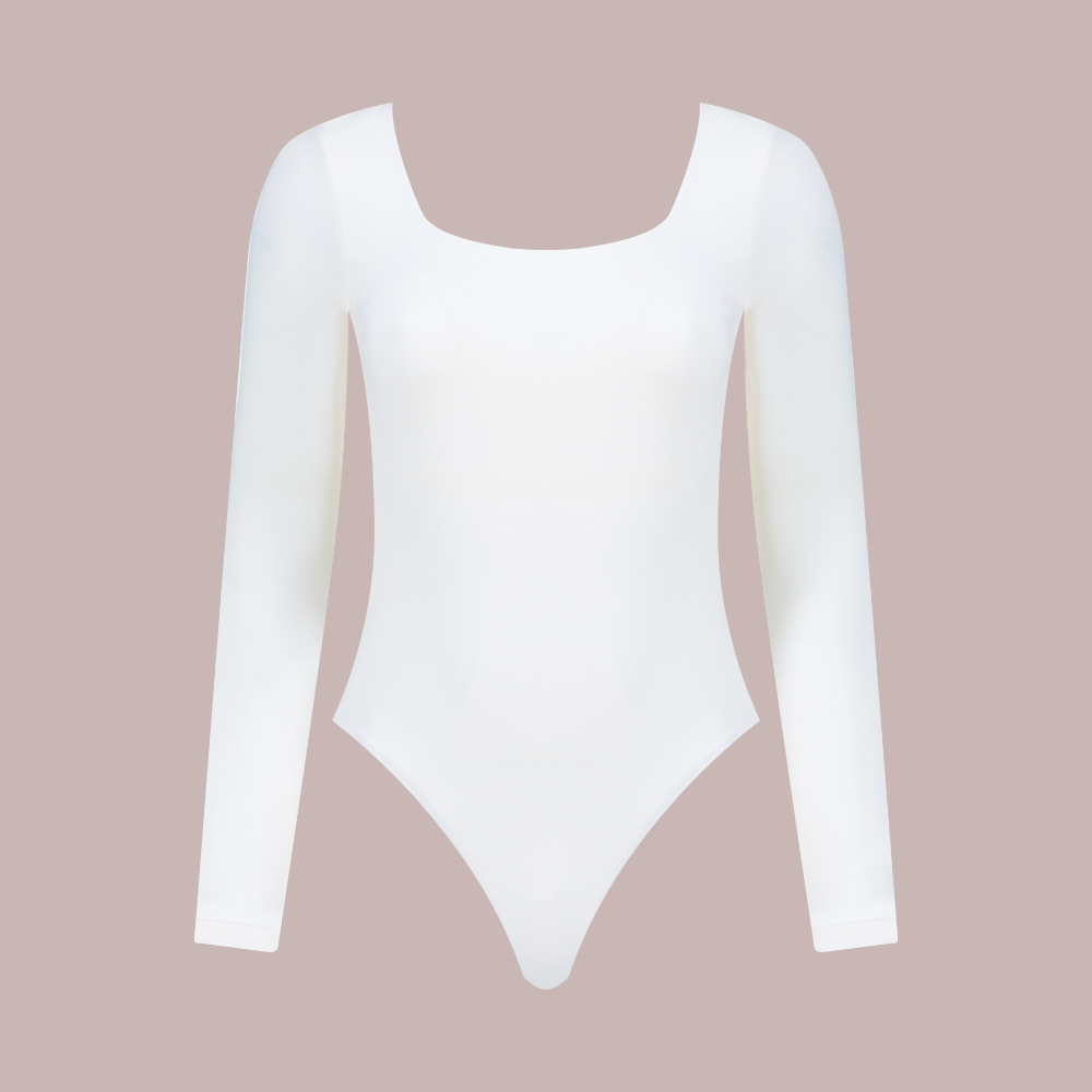 sweeheart bodysuit long sleeve and backless, white