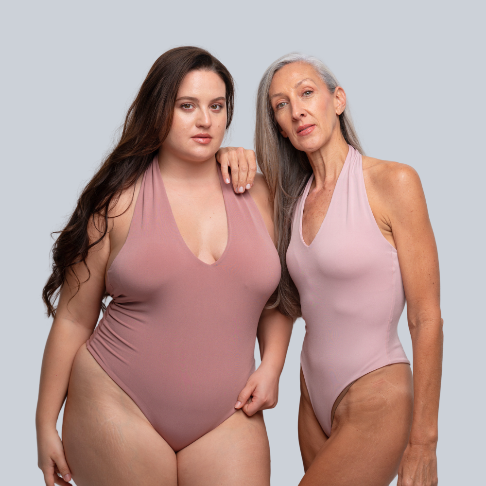 regina bodysuit plunge neck and backless, rosewood and cotton candy