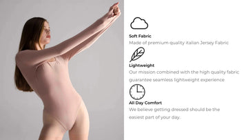 Woman wearing tcheriz a beige bodysuit with text about fabric quality and comfort on a gray background