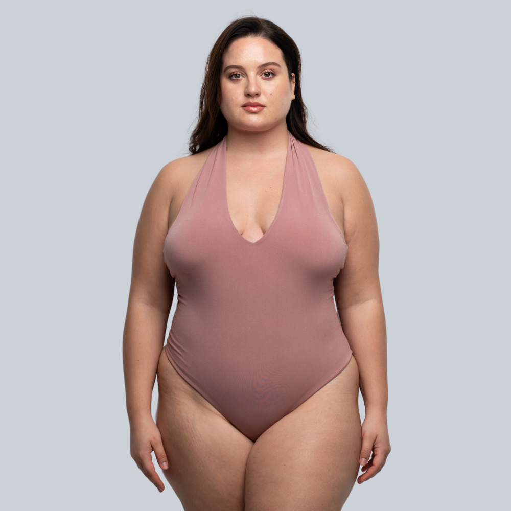 regina bodysuit plunge neck and backless, rosewood