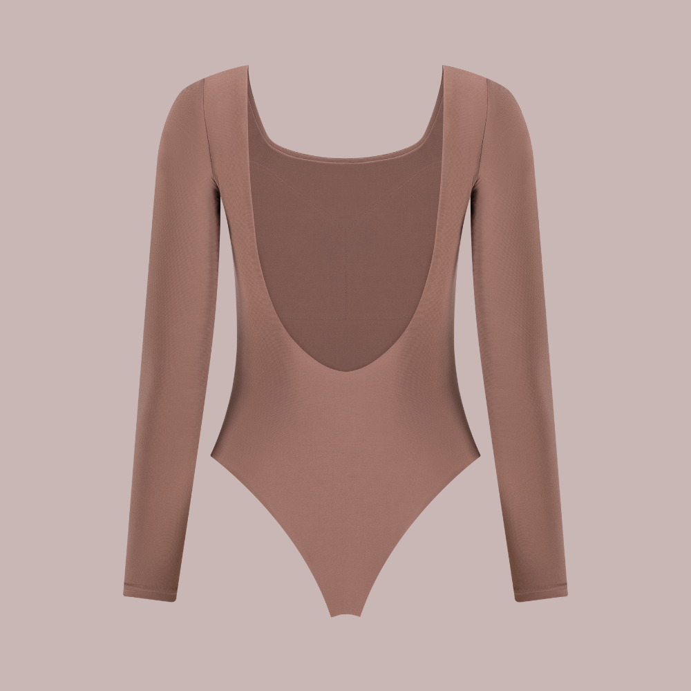 sweeheart bodysuit long sleeve and backless, mocca