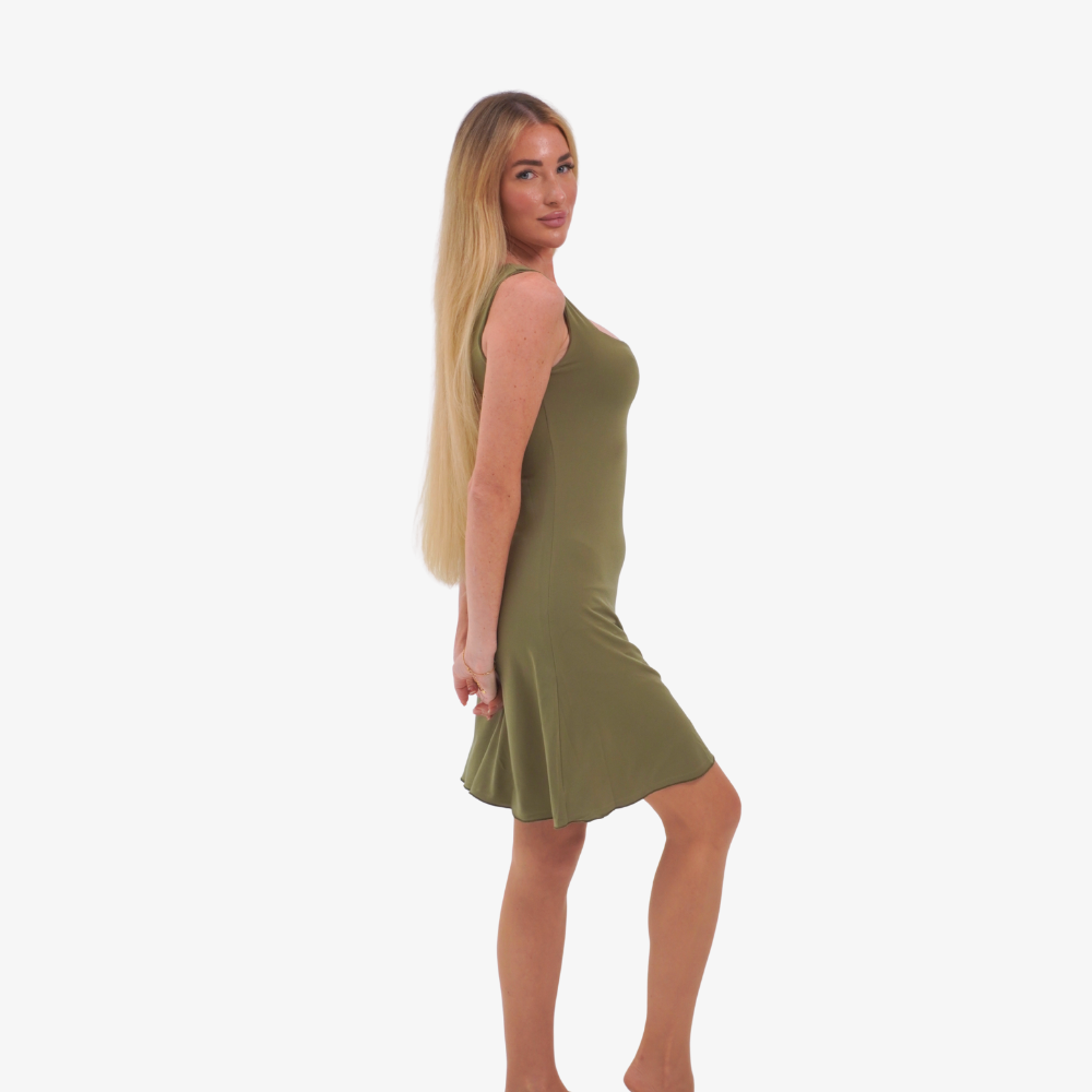 Carmen mini dress Woman wearing a olive green dress on a white background