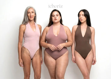 Three women wearing bodysuits from the tcheriz brand on a white background